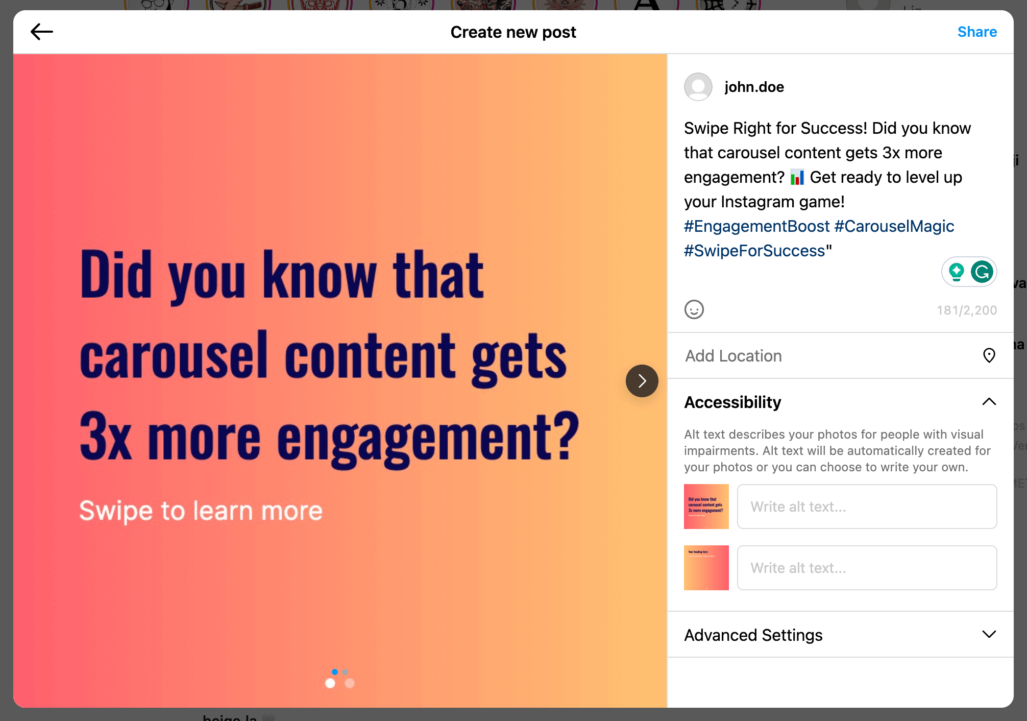 How to post a Instagram Carousel: Step 7 - Add details